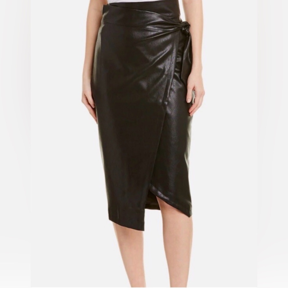 Gracia Black Faux Leather Wrap Midi Skirt NWT